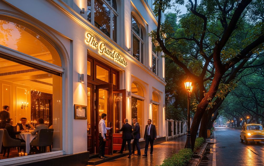 An elegant fine-dining restaurant on Southern Avenue warmly lit at dusk with a romantic and upscale atmosphere