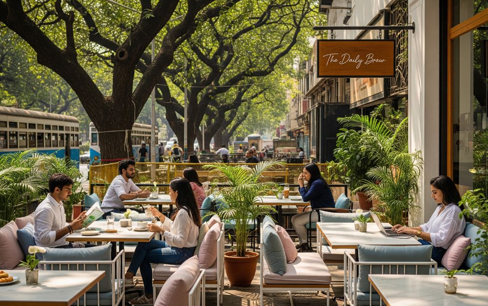 Stylish outdoor seating area of a modern cafe on Southern Avenue with patrons enjoying coffee